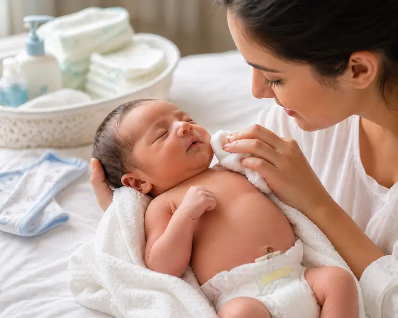 A mother gently cleaning her newborn baby with a soft cloth while the baby lies wrapped in a towel on a bed, with baby care items in the background.