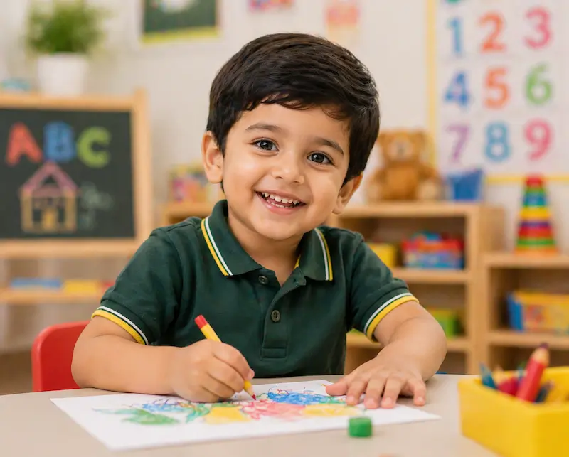 A smiling preschool boy sitting at a table, coloring a picture with crayons in a classroom, with alphabet and number charts in the background.