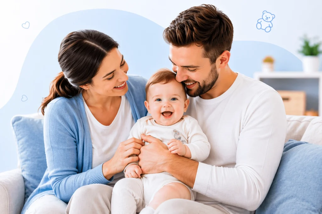 Happy parents sitting on a sofa with their smiling baby, showing a loving family moment in a bright and cozy home setting