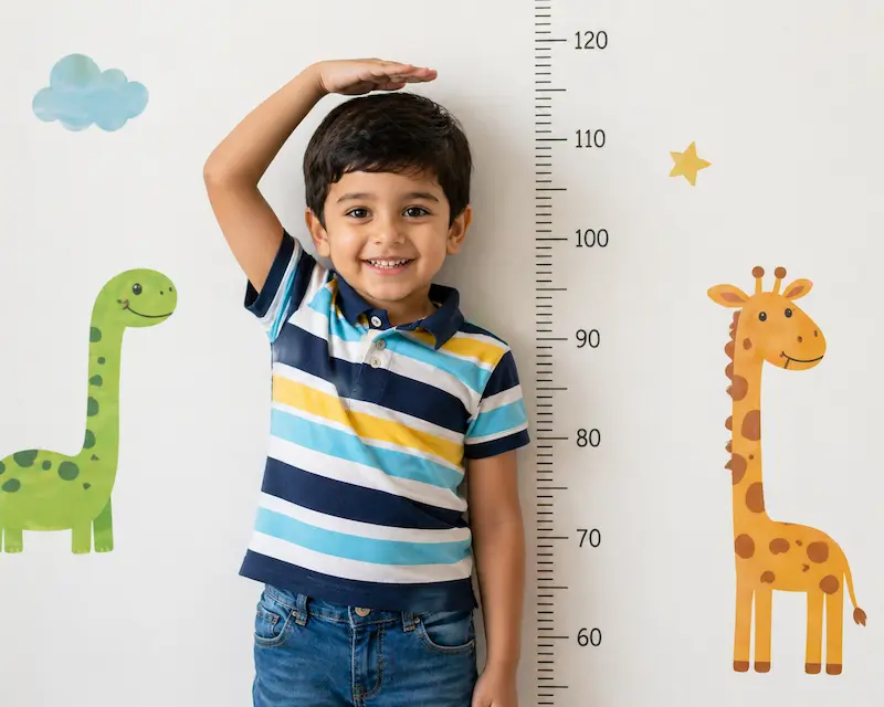 A young boy standing against a wall with a height chart, measuring his growth while smiling, with playful animal illustrations around him.