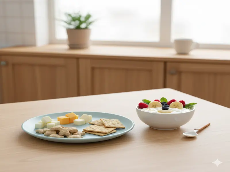 Plate with cheese cubes and whole grain crackers arranged as a healthy toddler snack, set in a softly lit family kitchen