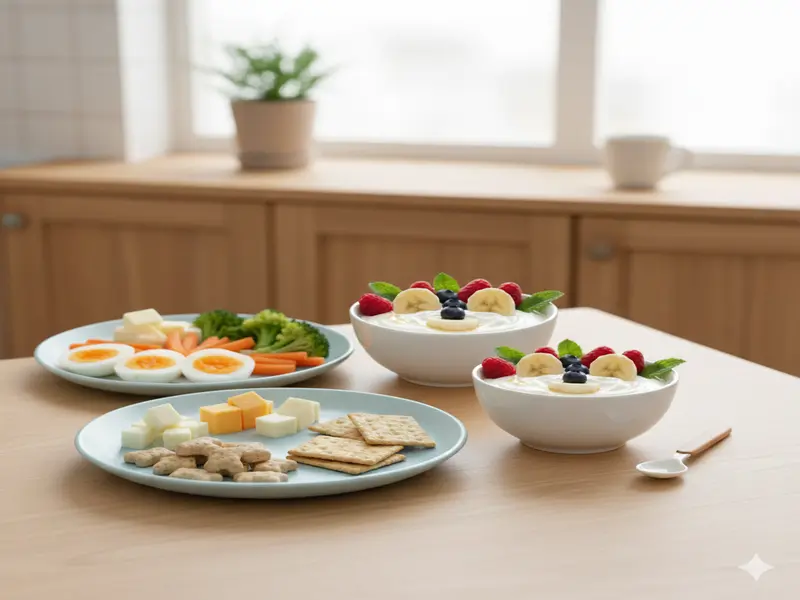 Healthy toddler snack plate with sliced boiled eggs, small vegetable pieces, and whole grain crackers in a clean, bright kitchen setting