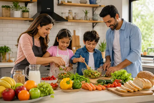 Family preparing healthy meals for growing children