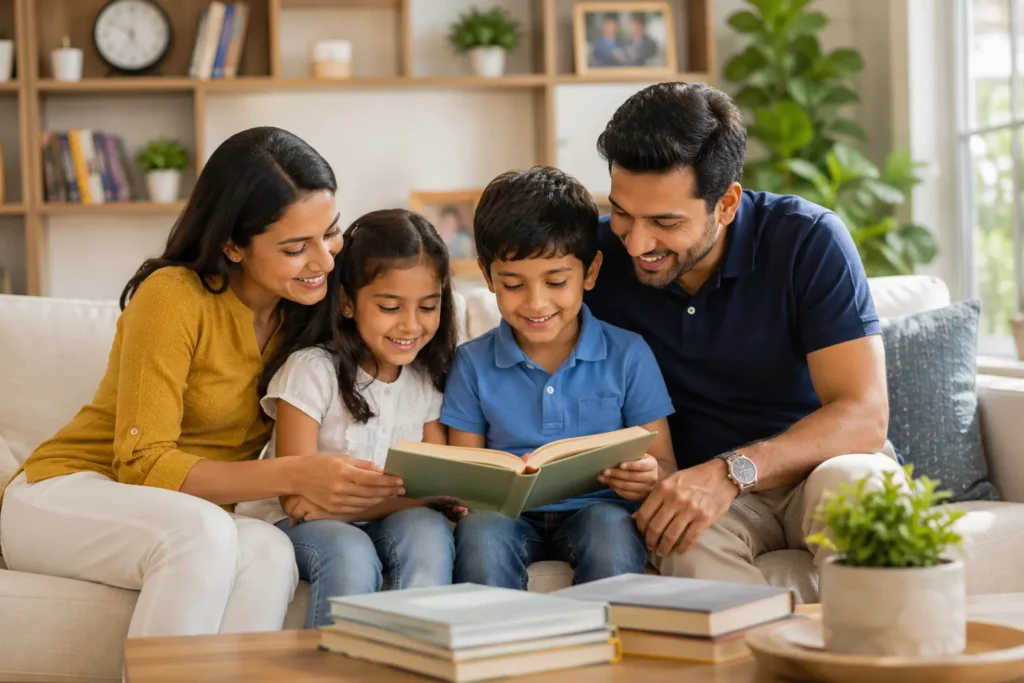 Parents reading books with healthy child at home
